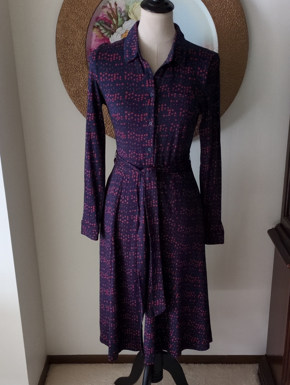 Boden Long-Sleeve Navy and Red Shirt Dress with Tie Waist